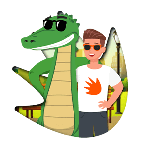 Croco, the mascot of PlayCroco, wearing sunglasses, standing next to a happy man with a fire emblem on his T-shirt, with an illustrated cityscape and bridge in the background.