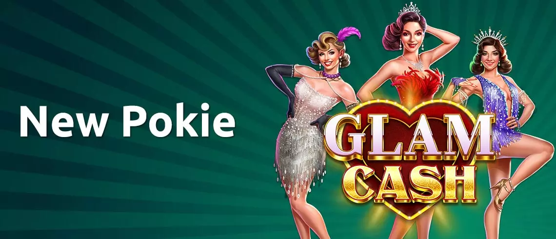 PlayCroco's new pokie game 'Glam Cash' featuring three glamorous showgirl characters in silver, red, and blue sparkling outfits.