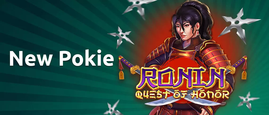 New PlayCroco pokie release banner featuring Ronin Quest of Honor, with a samurai warrior in red armor surrounded by shuriken against a green background.