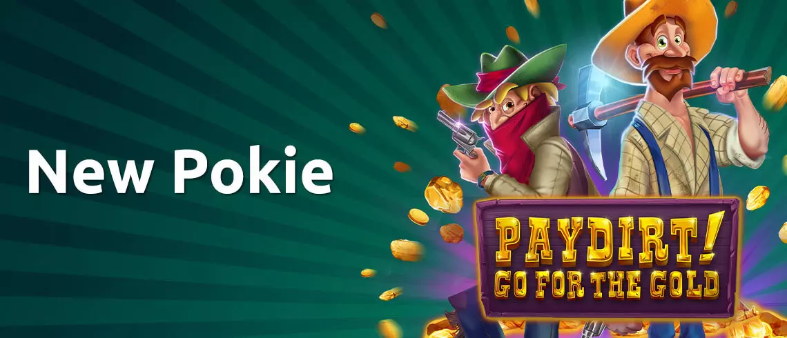 New pokie: Paydirt! Go for the Gold – two miners with tools and gold nuggets, promoting the latest game at PlayCroco.